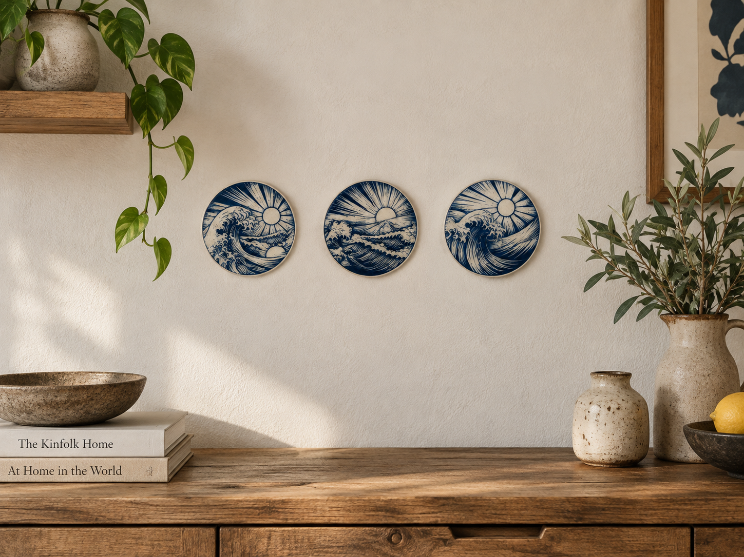 Decorative wall with three blue and white plates depicting wave scenes, surrounded by potted plants on wooden furniture.
