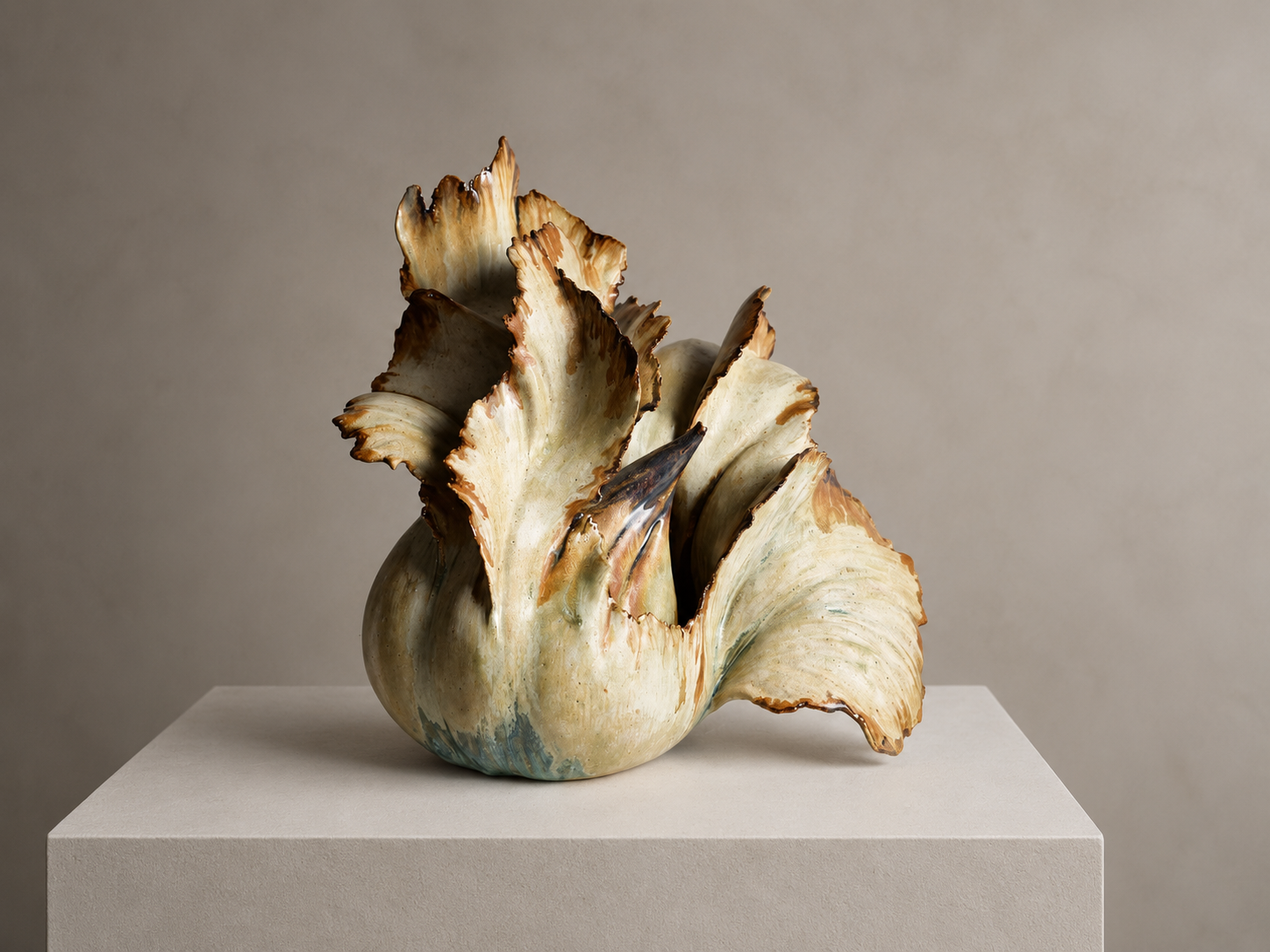 A sculptural art piece resembling a flower with large, ruffled, and textured surfaces in shades of cream, brown, and blue, displayed on a white pedestal against a neutral background.