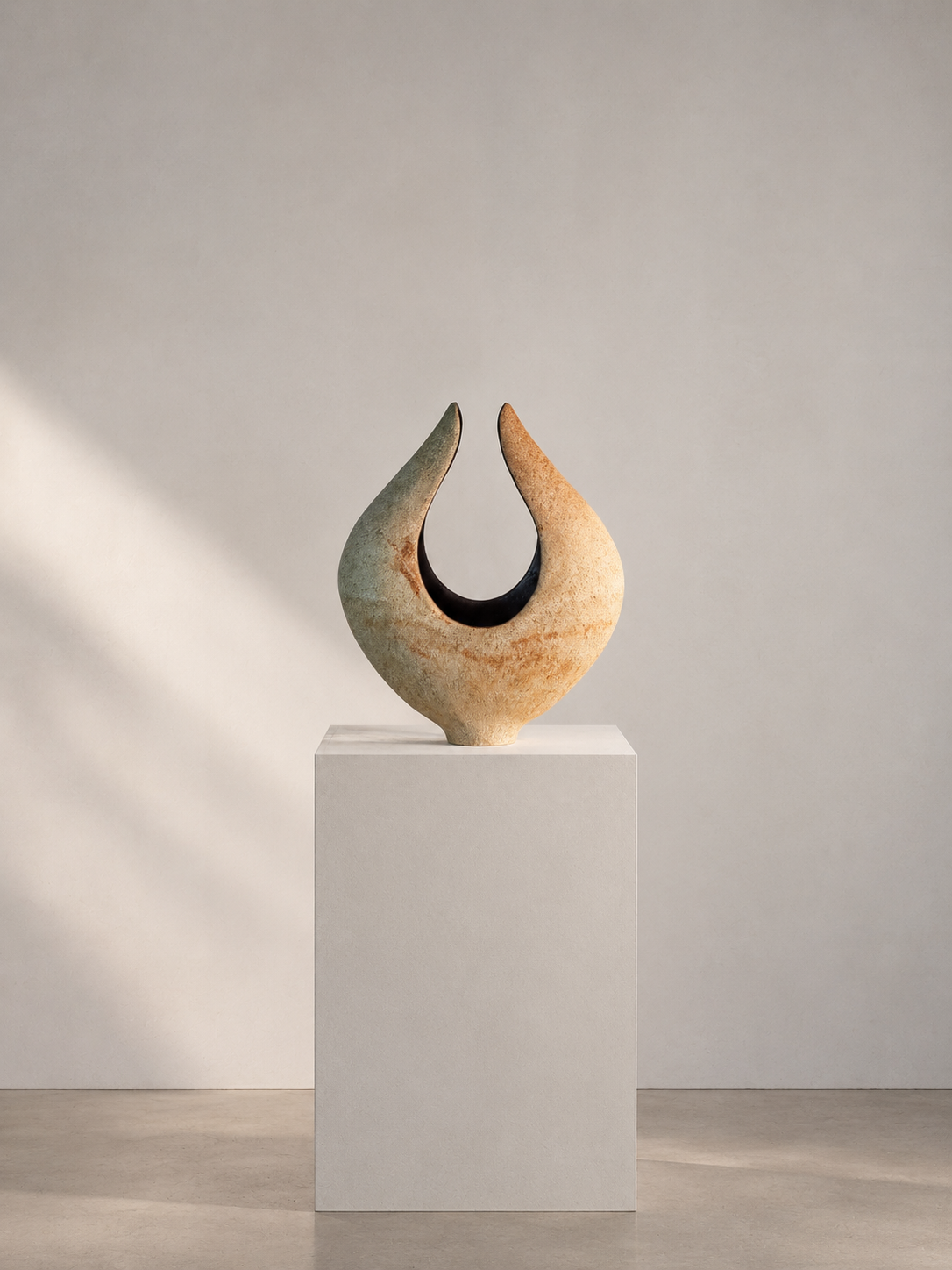 A modern abstract sculpture with a teardrop shape, featuring a textured surface with earthy tones, displayed on a white pedestal against a neutral background.