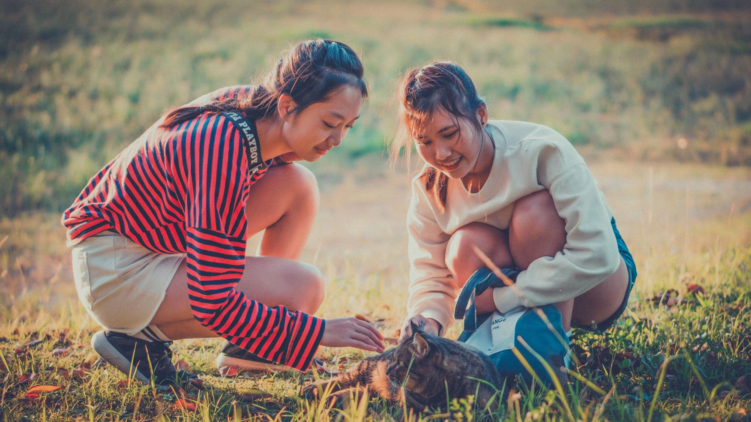 Two people spending time outdoors with a cat