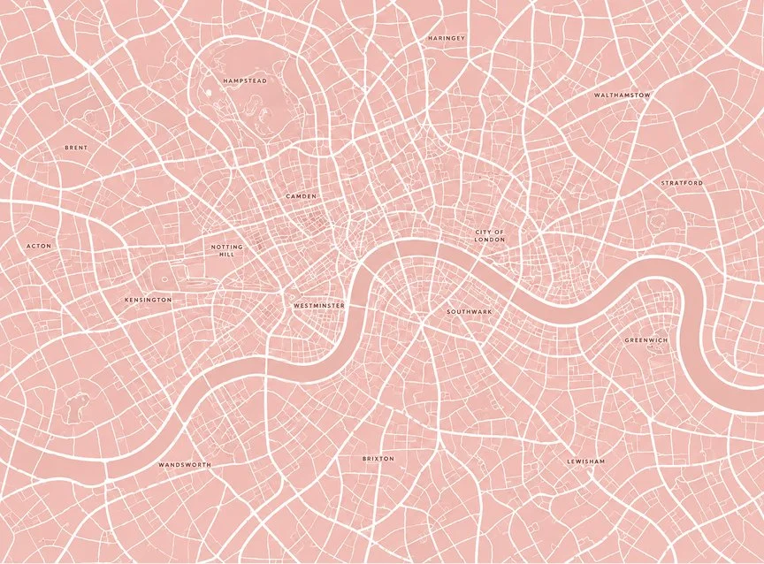 Map of central London, showing neighborhoods such as Westminster, Camden, Wandsworth, Chelsea, Greenwich, and Walthamstow, with the River Thames flowing through.