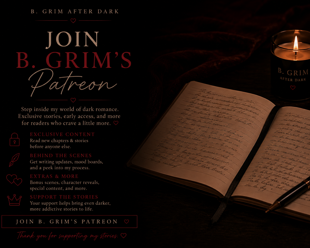 Dark-themed promotional image for B. Grim After Dark's Patreon, featuring an open journal with handwritten text, a candle, and a pen, with promotional text on the left side.