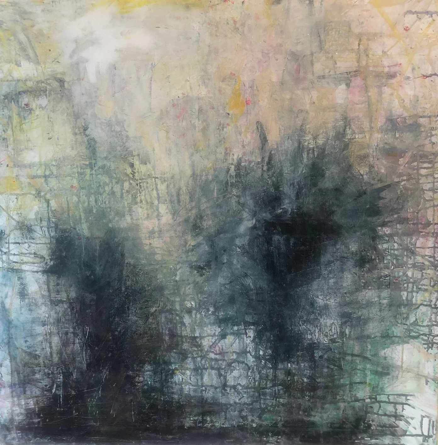 Abstract painting with dark and muted colors, featuring overlapping lines, smudges, and textured layers.