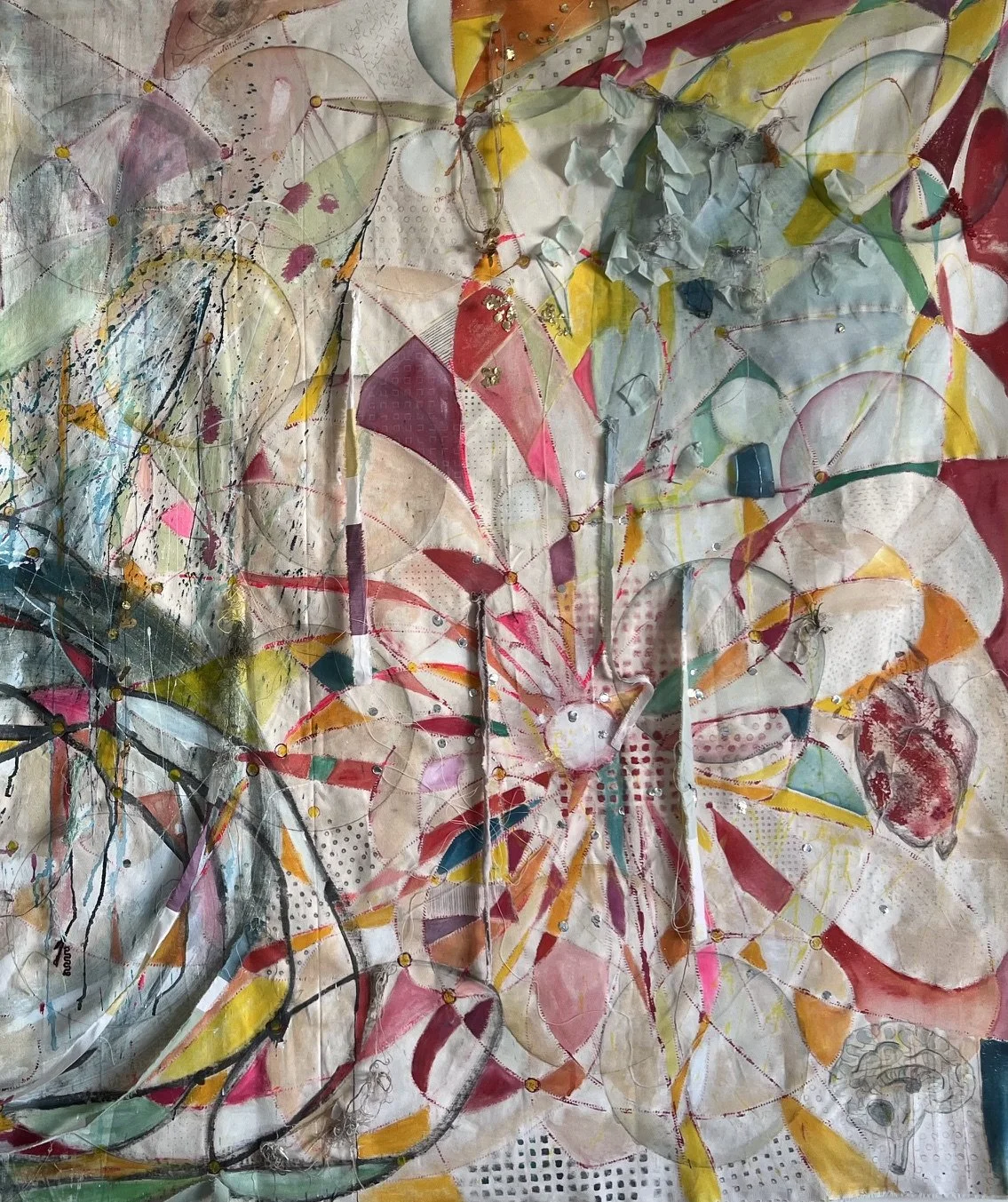 Abstract mixed media artwork with colorful, layered paper, paint, and thread, featuring circular and geometric patterns.