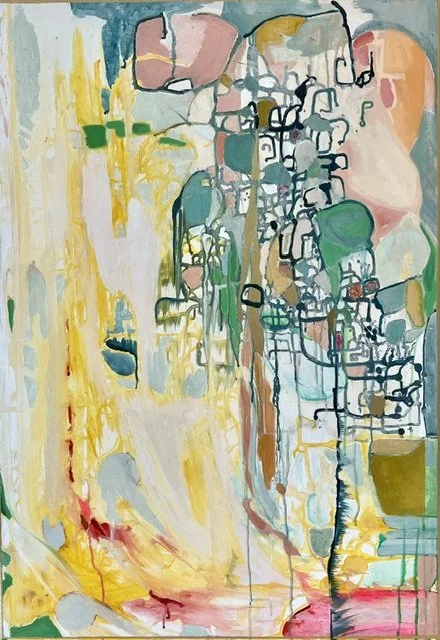 Abstract painting with pastel colors, yellow, pink, green, and blue, featuring irregular shapes and black lines resembling interconnected structures.