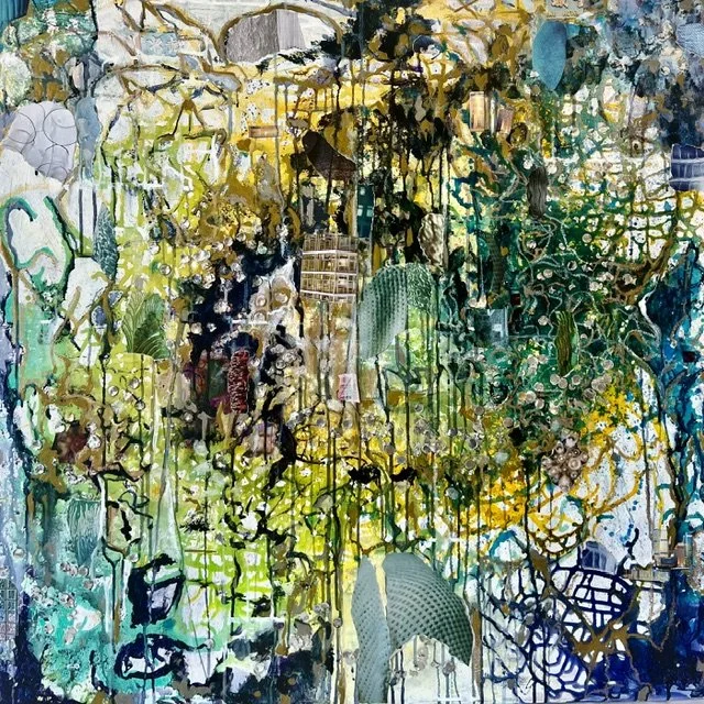 Abstract painting with dripped yellow, green, blue, and black paint, featuring hints of furniture, plant shapes, and cityscape elements.