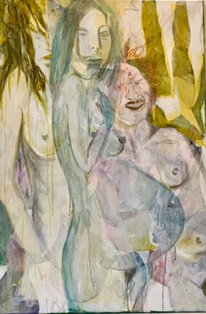 Watercolor painting of three women with leaves in the background.
