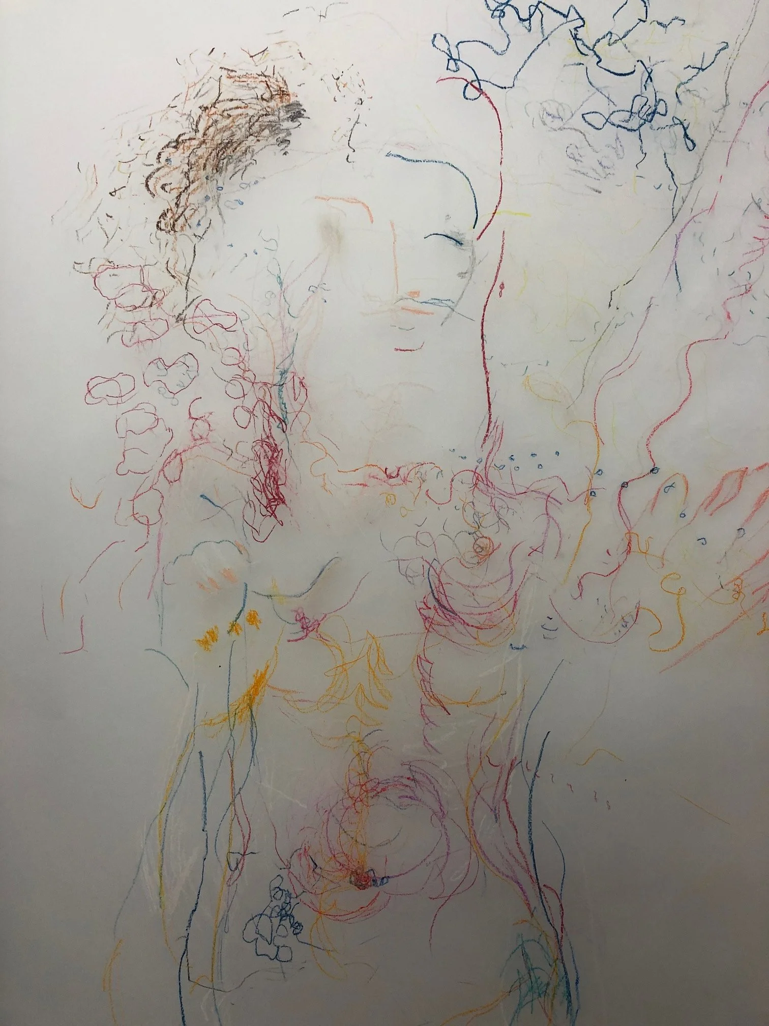 A sketch of a woman with curly hair, eyes closed, drawn with colorful, loose lines on white paper.