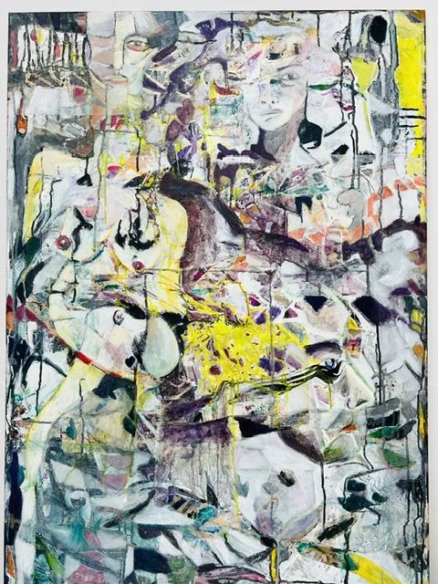 Abstract painting with multiple loosely sketched human faces and figures, featuring bright yellow, purple, black, and gray tones, with scattered colorful shapes and lines.