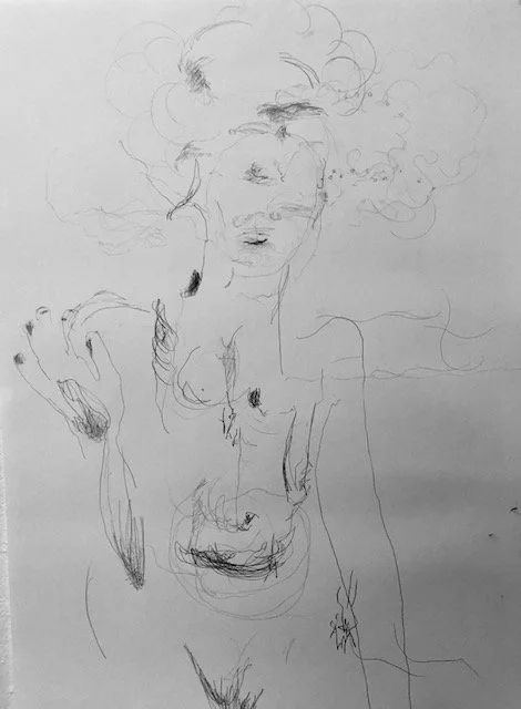 A minimalistic line drawing of a person with curly hair, closed eyes, and a hand raised near their face, with faint lines suggesting the person's torso and surroundings.