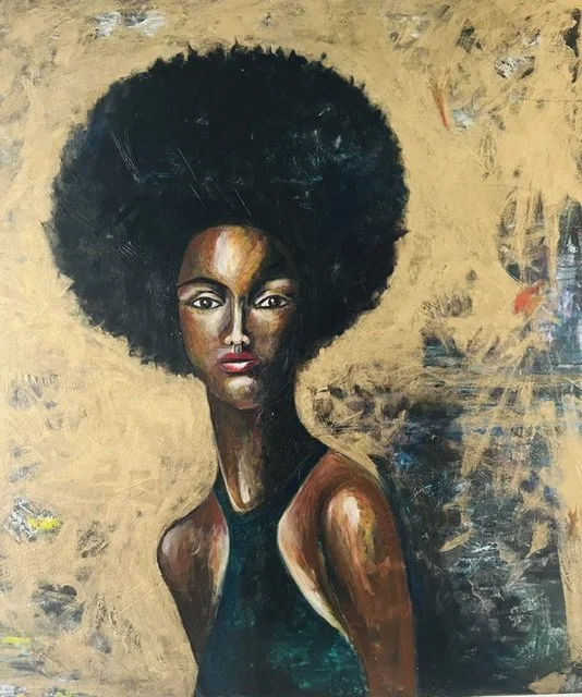 Painting of a woman with dark skin and a large afro hairstyle, wearing a dark green sleeveless top, against a textured gold and brown background.