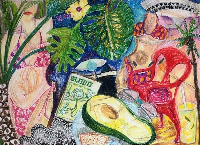 Colorful drawing of various objects including plants, a book, sunglasses, a red chair, and an avocado, creating a lively scene with greenery and abstract elements.