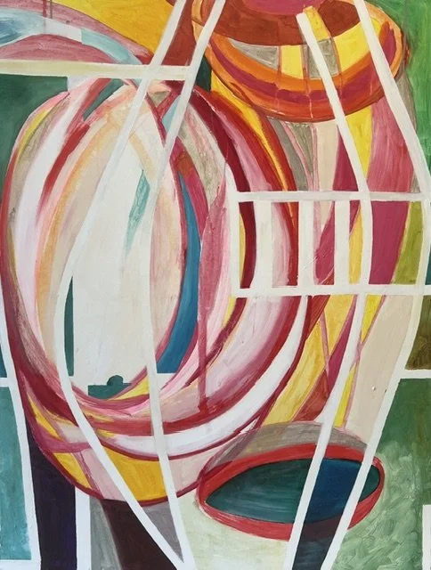 Abstract painting with concentric circles, curved lines, and bright colors including red, orange, yellow, pink, white, green, and blue.