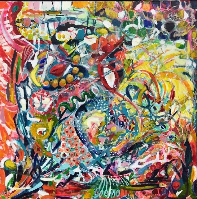 A colorful, abstract painting with various swirling shapes, dots, and lines in bright colors such as red, yellow, green, blue, and pink.