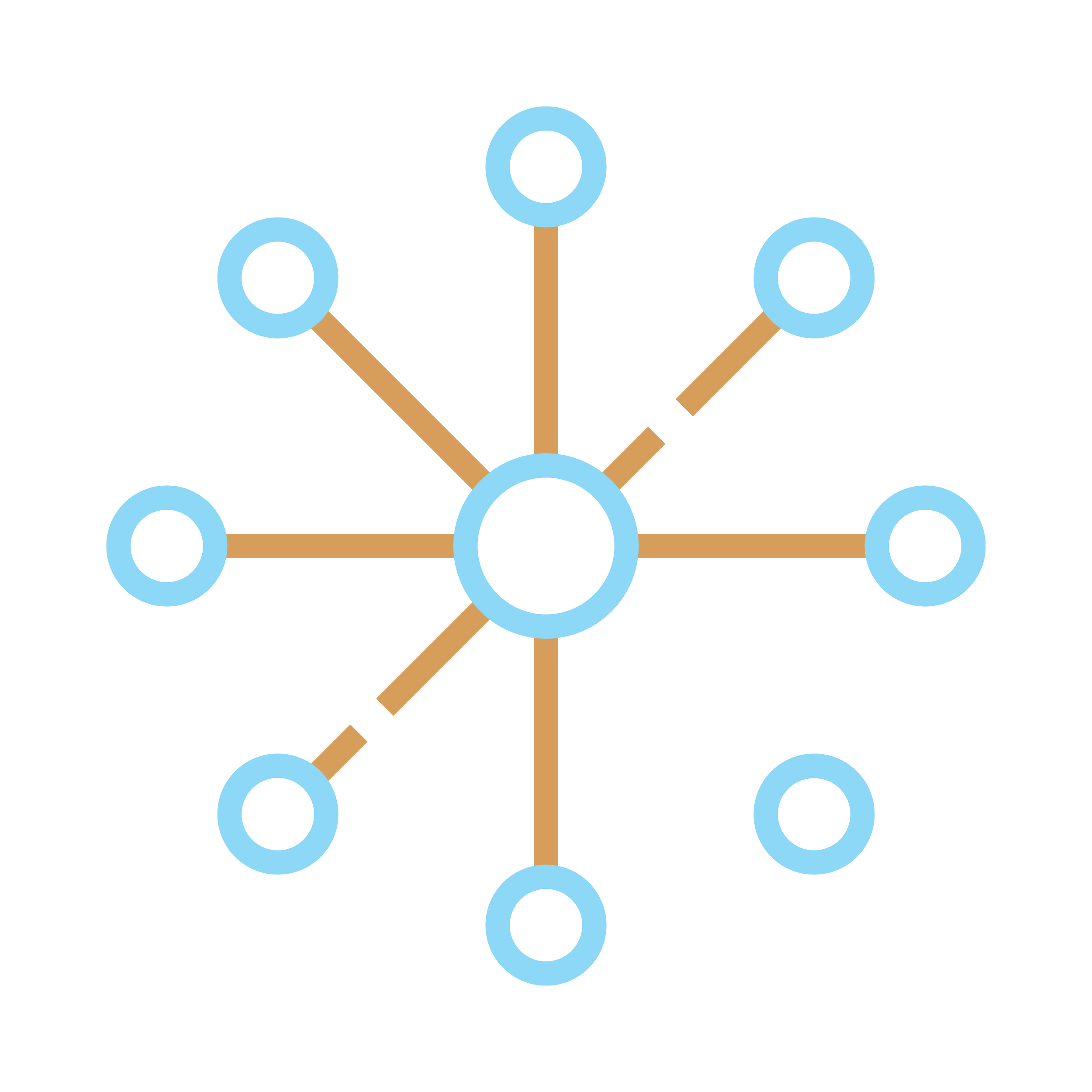 Diagram of a network structure with blue circular nodes connected by brown lines.