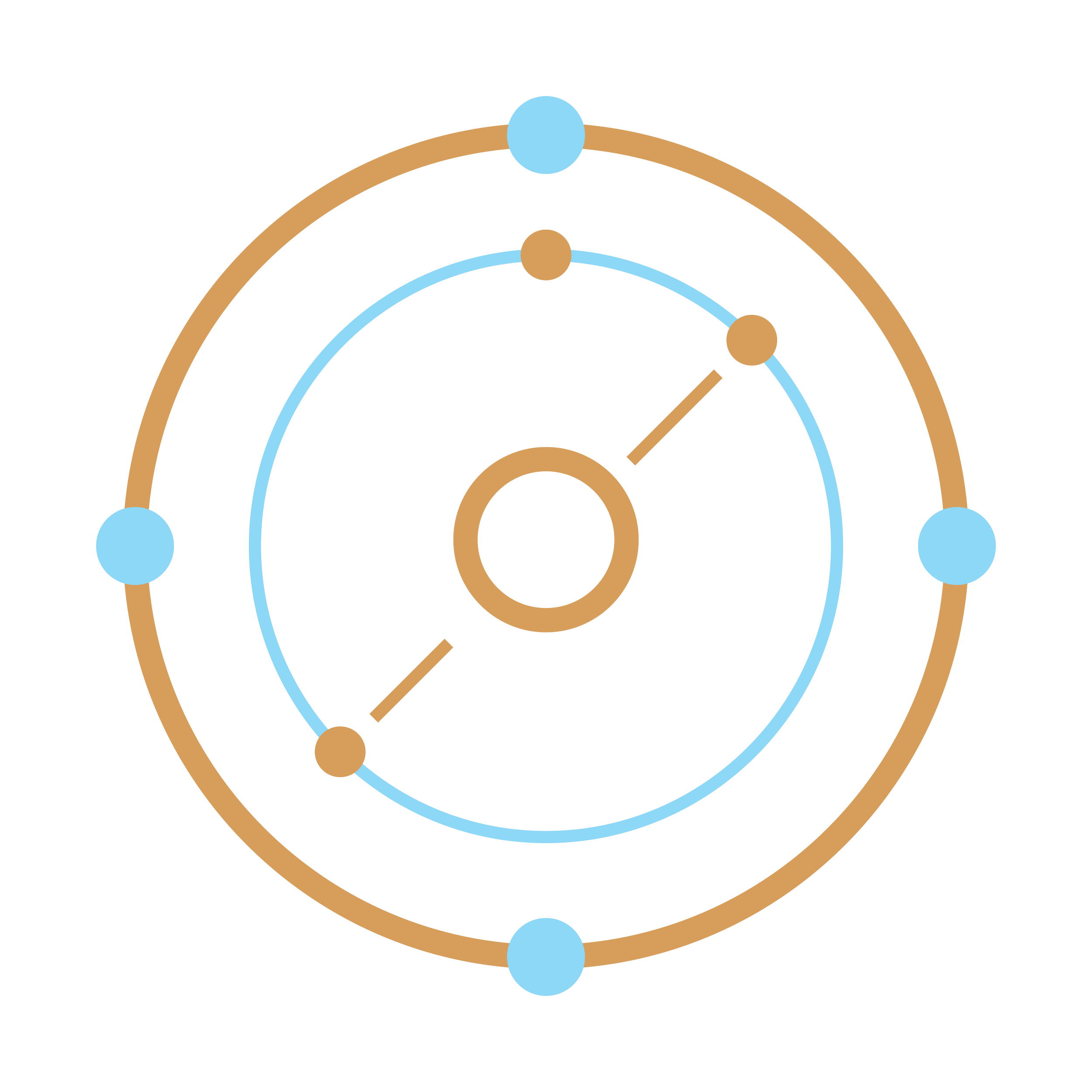 Diagram showing the Bohr model of an atom with rings and orbiting electrons in blue and brown colors.