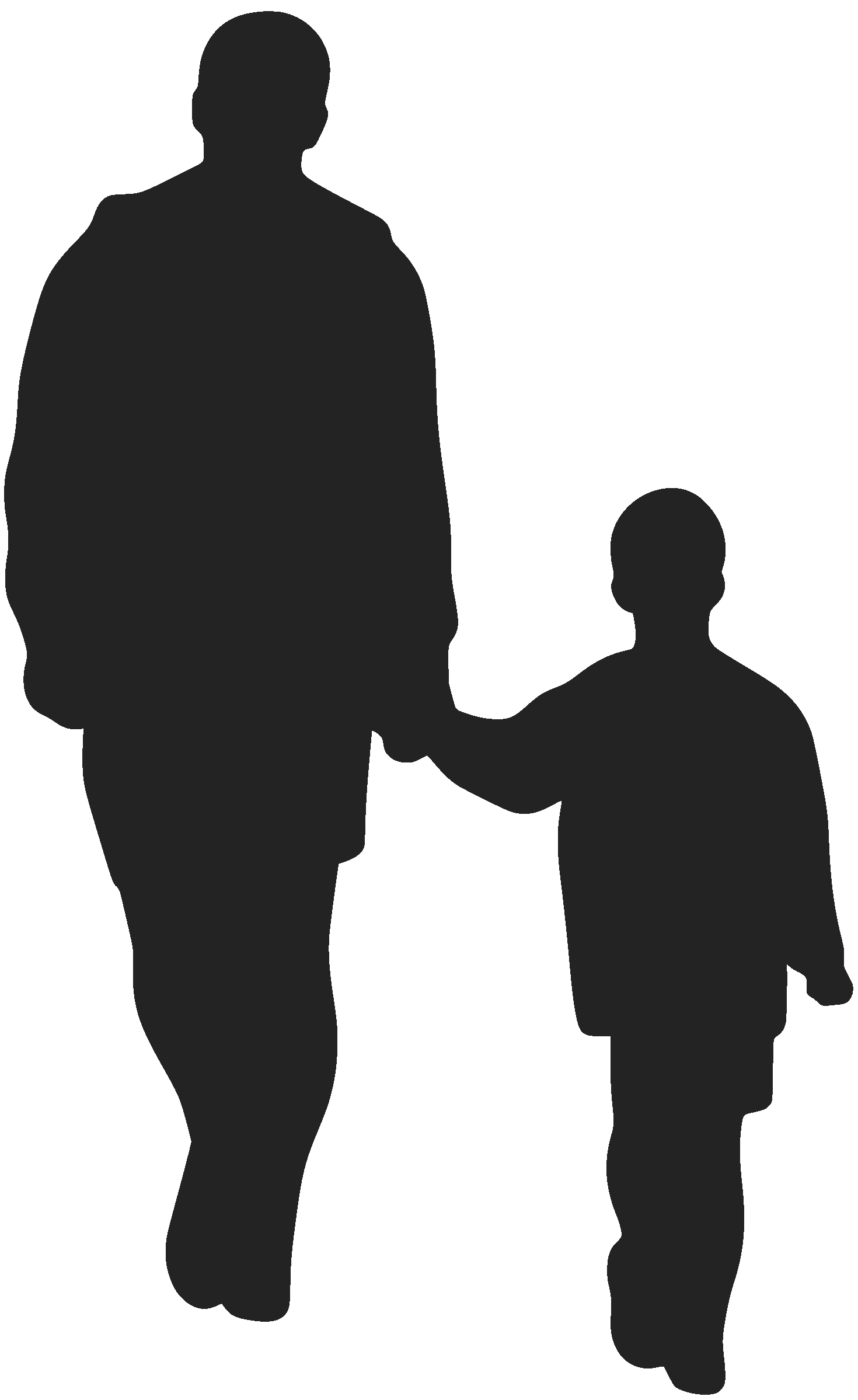 Silhouettes of an adult man and a young girl holding hands, walking together.