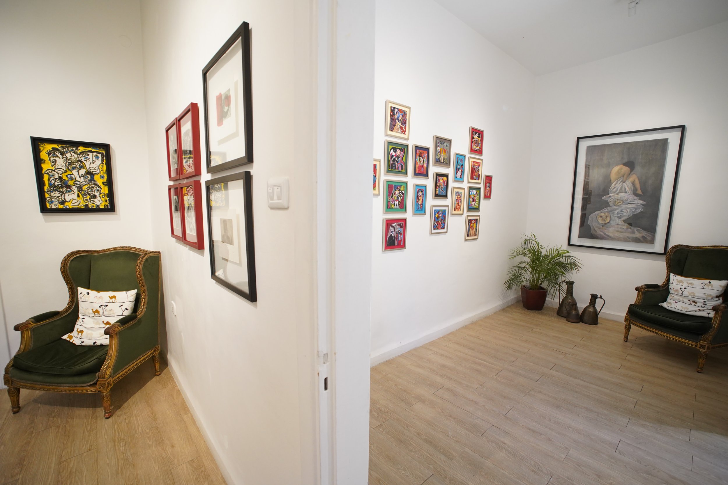  A selection of artworks displayed in one of the gallery spaces at Q0DE Art Space during the “Miniatures” exhibition.   14 July 2026 © Photo by Yasr Abdalla  