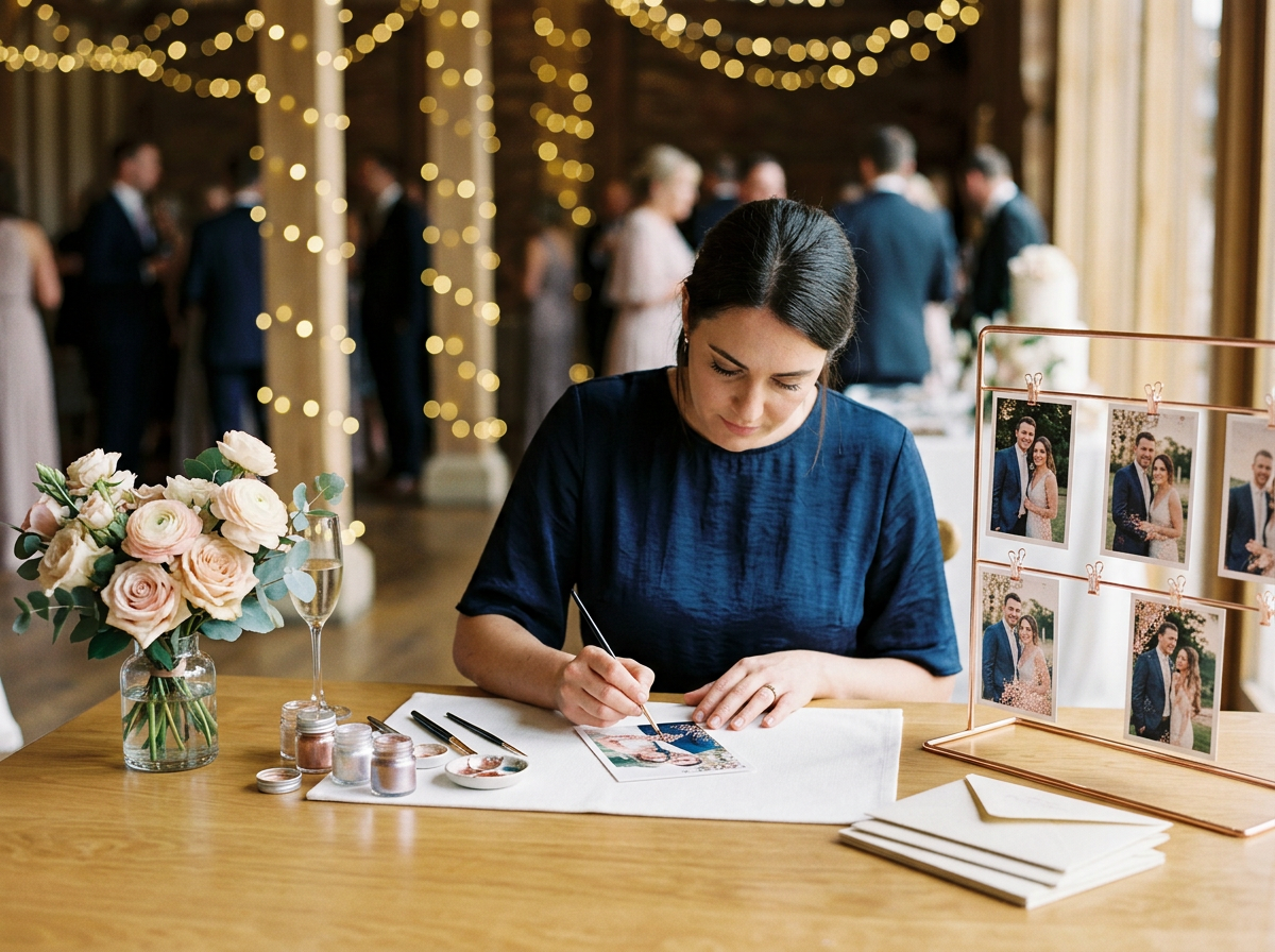 A shimmer artist hand-embellishing guest photographs at an elegant live event.