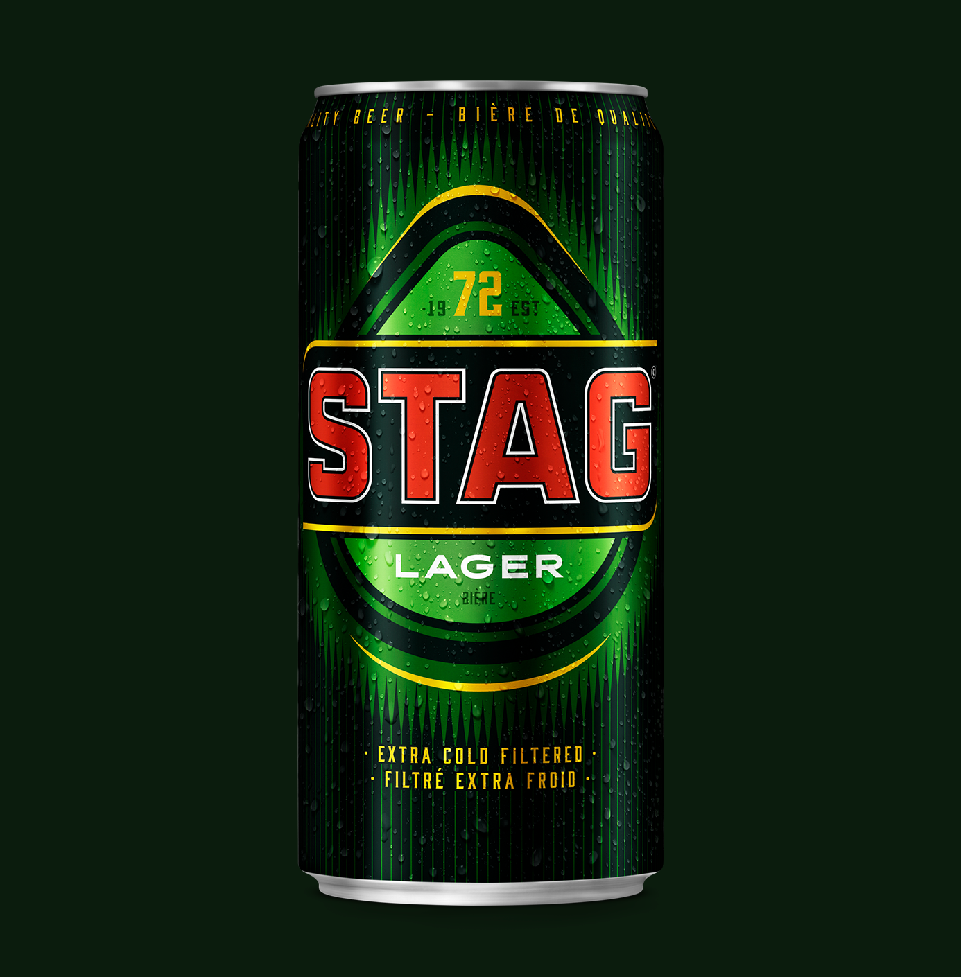Can of Stag Lager with droplets of condensation, featuring a green and black design with red and white text.