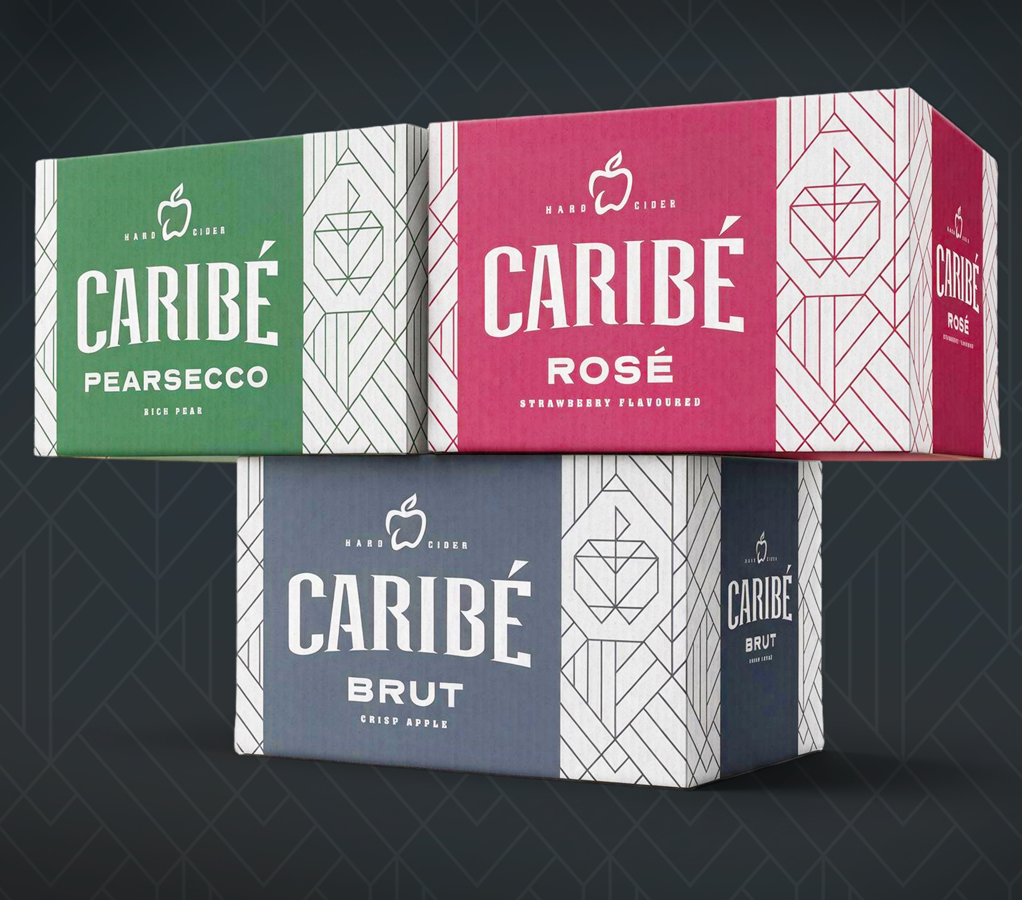 Boxes of Caribé hard cider in assorted flavors, including pear and rosé, with geometric design and a black background.