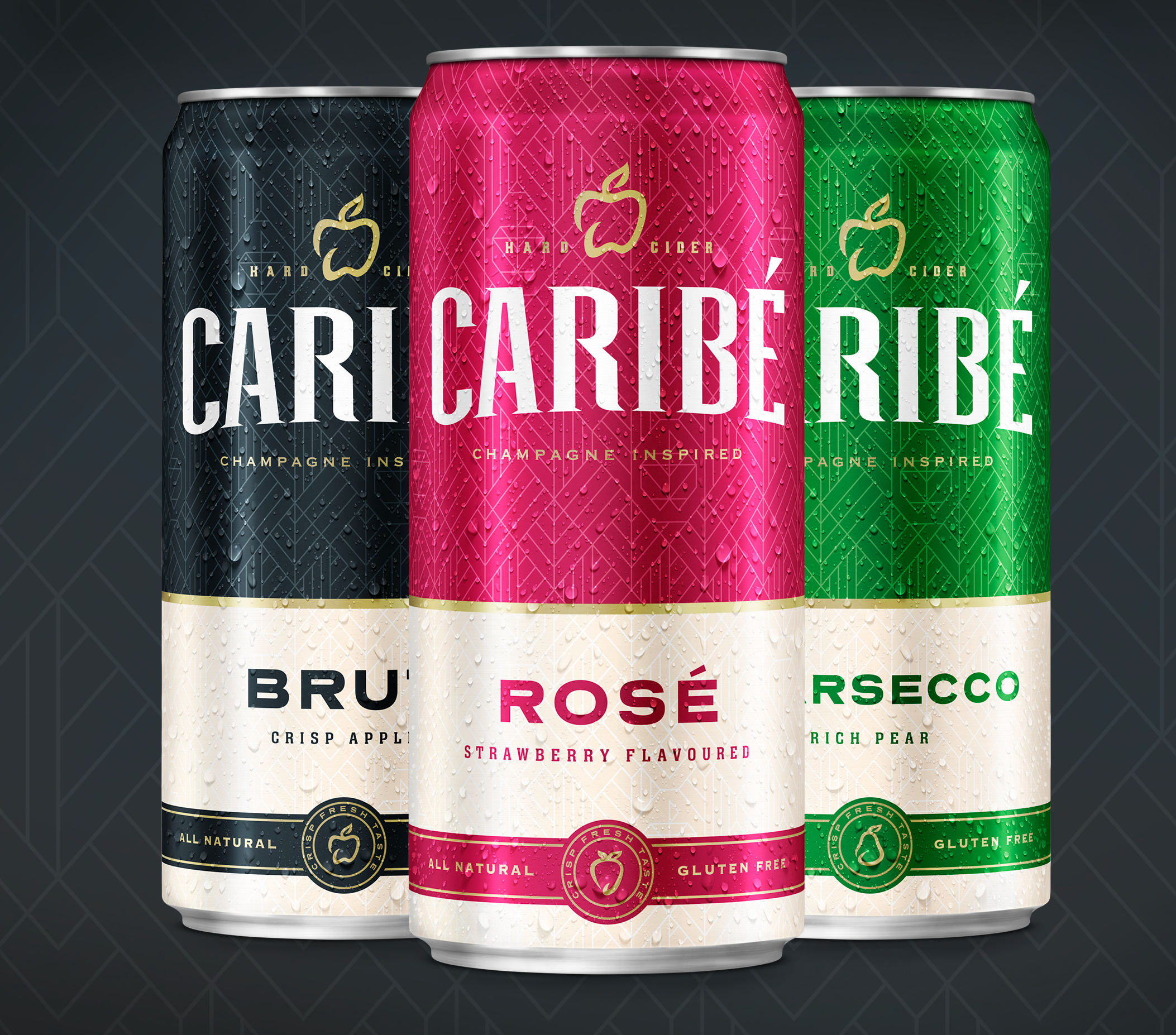 Three cans of Caribé hard cider in black, pink, and green colors, with water droplets on the surface, and labeled 'Cider' with flavor descriptions: 'Crisp Apple,' 'Strawberry Flavour,' and 'Rich Pear'.