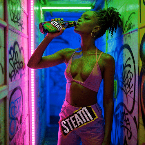 STEAM RTD - A woman with blue curly hair and large earrings drinks from a bottle labeled 'STEAM' in a graffiti-covered alley with colorful neon lights.