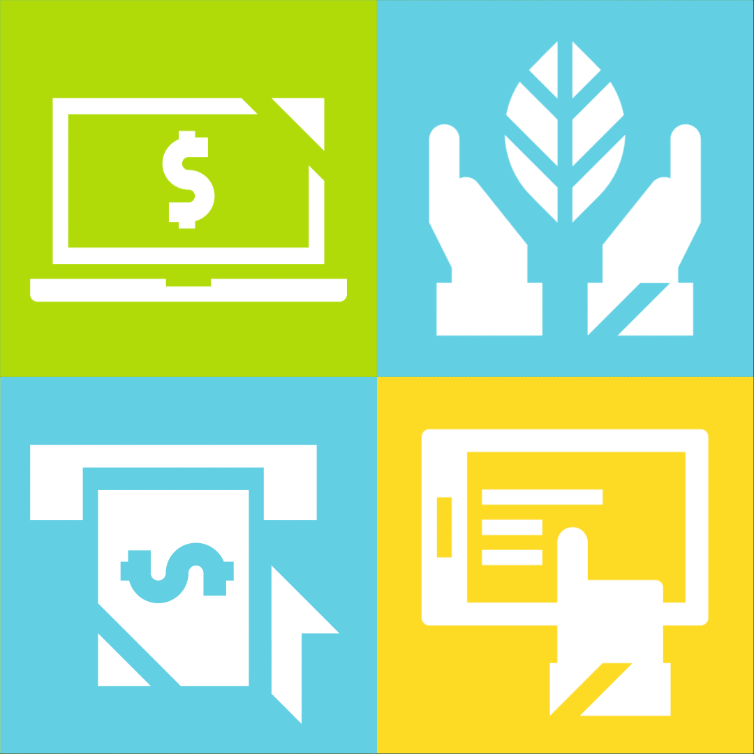A grid of four icons: top left shows a laptop with a dollar sign, top right shows hands holding a leaf, bottom left shows a dollar bill with a speech bubble, bottom right shows a computer monitor and a speech bubble.