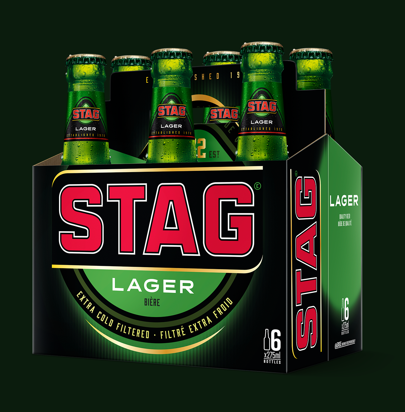 Six bottles of Stag Lager beer in a black and green pack.