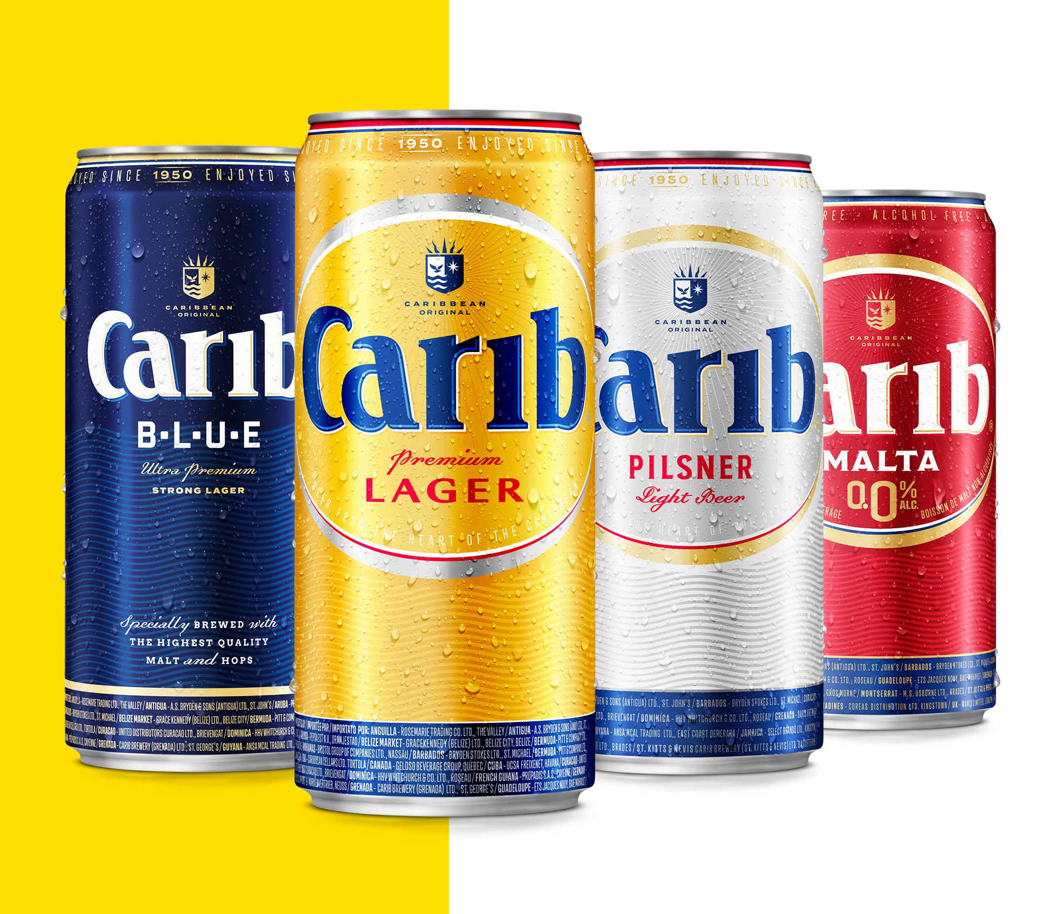 Four cans of Carib Beer, in blue, yellow, white, and red packaging, with water droplets on the surface, placed against a background split diagonally with yellow on the left and white on the right.