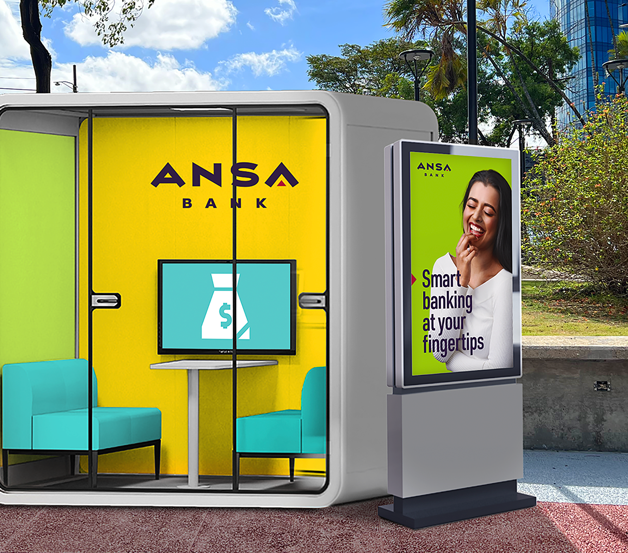 A colorful digital kiosk with an advertisement for ANSA Bank and a woman smiling on the side, set outdoors with trees, streetlights, and a blue glass building in the background.