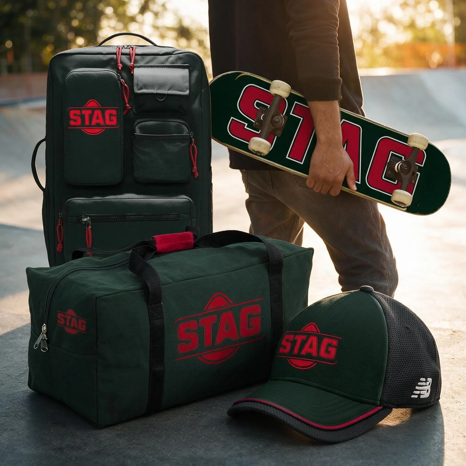 A person holding a skateboard standing next to sports bags and a cap with the logo 'STAG' in a skate park during sunset.