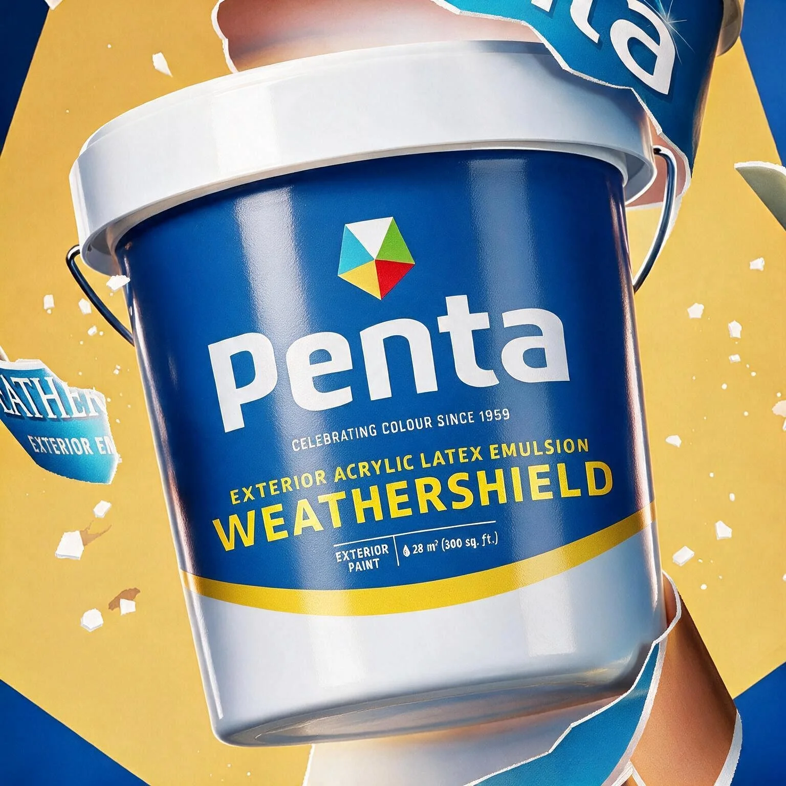 A can of Penta WeatherShield exterior acrylic latex emulsion paint in blue, with the lid slightly open, against a yellow background with confetti.