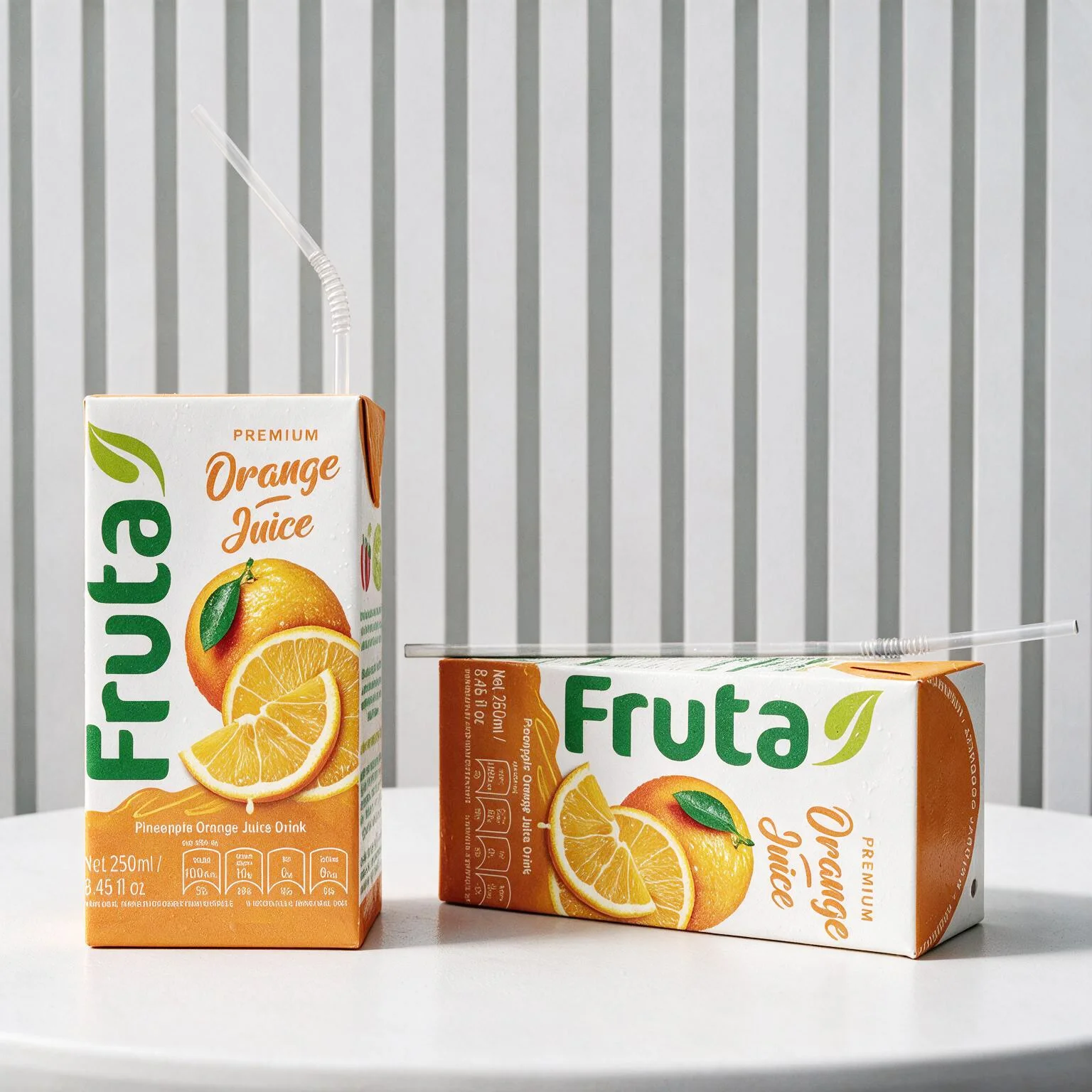 Two cartons of Fruta premium orange juice with straws inserted, placed on a white surface against a vertically striped gray and white background.