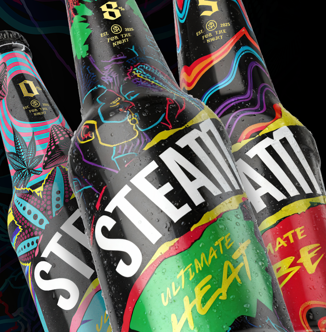 Close-up of bottles of STEAM RTD drink featuring colorful, psychedelic artwork with flowers, butterflies, and abstract patterns against a black background.