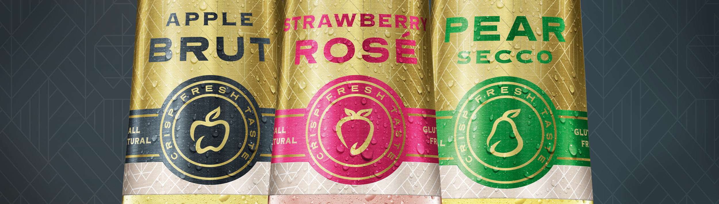 Three bottles of Caribé hard cider with different flavours: Brut, Pearsecco, and Rosé, featuring gold, pink, and green labels with water droplets.