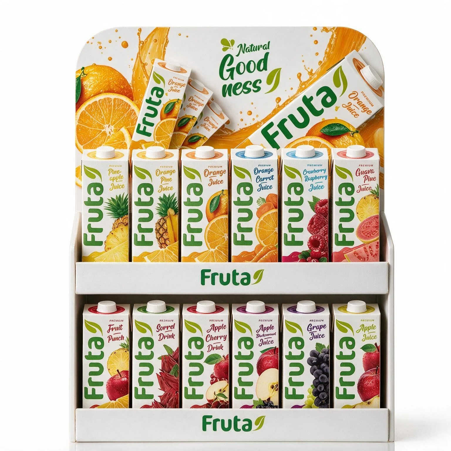 Assorted Fruta juice boxes and tetra packs with flavors including orange, pineapple, grape, apple, and berry, arranged on a display.