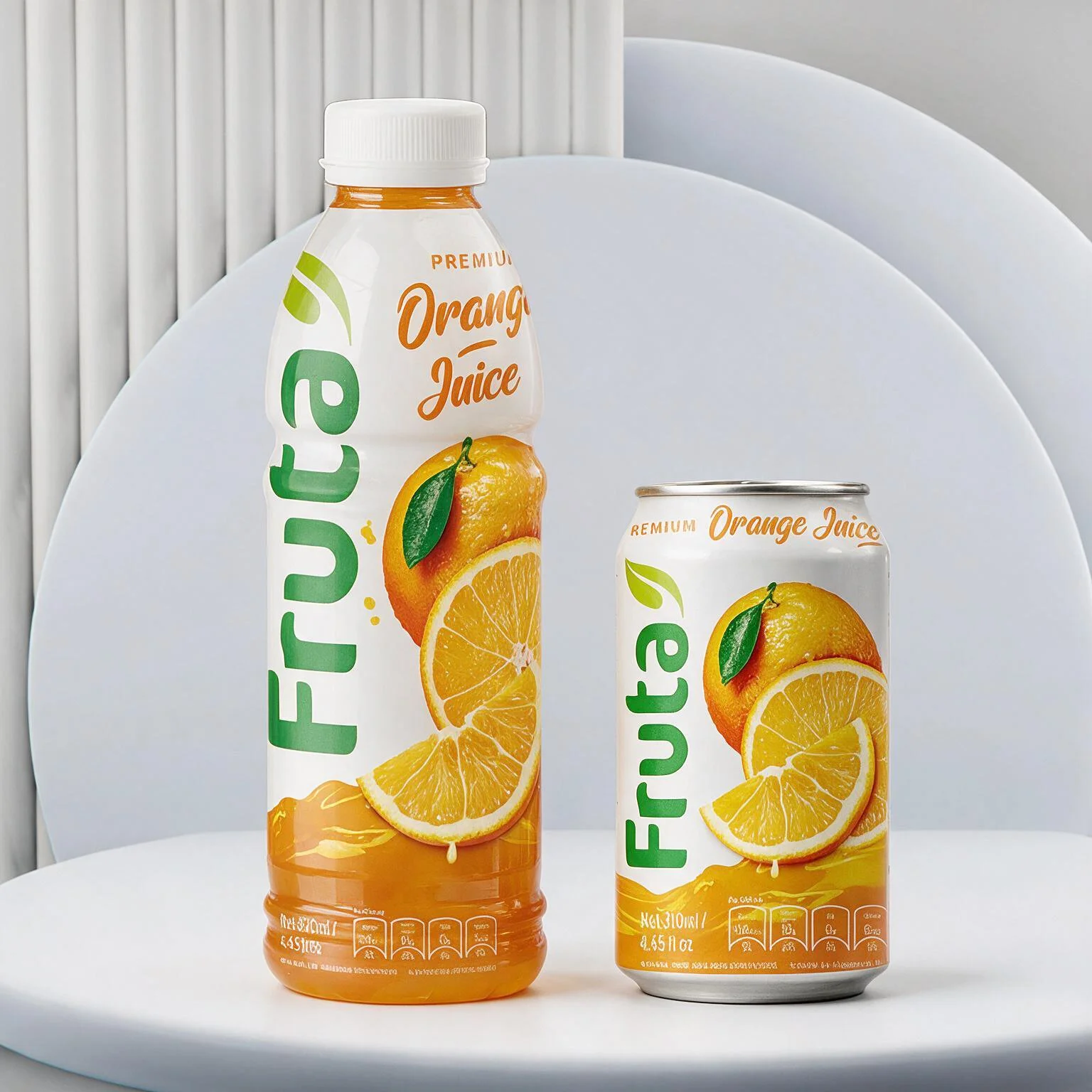 Two containers of Fruta juice, a bottle and a can, both labeled "Fruta Premium Orange Juice" with images of oranges and orange slices on a white background.