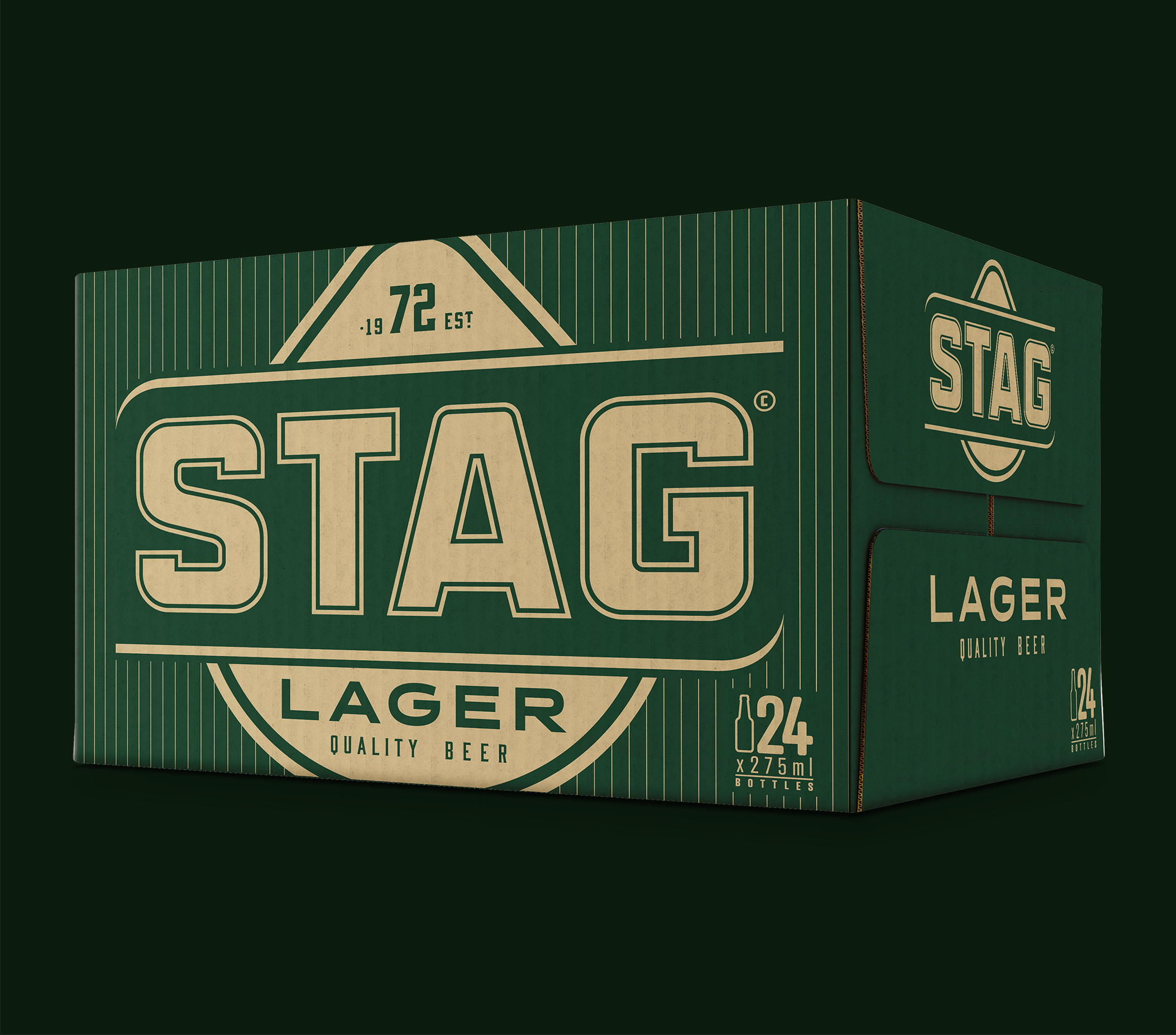A green box of lager beer with white text and graphics, displaying 'Stag Lager', 'Quality Beer'.