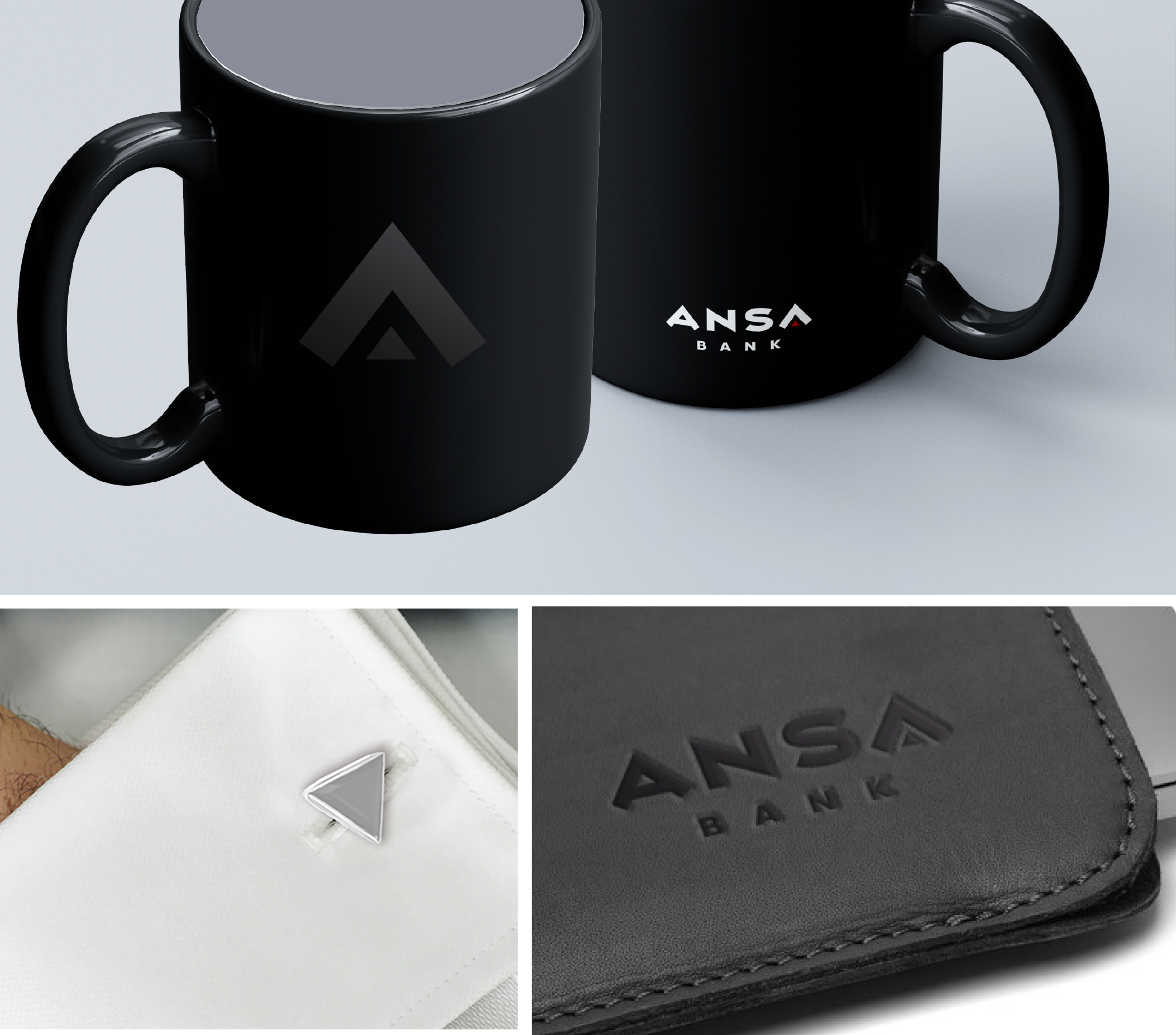 Close-up images of black merchandise items, including a black mug with a geometric logo, a black wallet or cardholder with a logo and the words "ANSA BANK," and a black leather item with visible stitching.