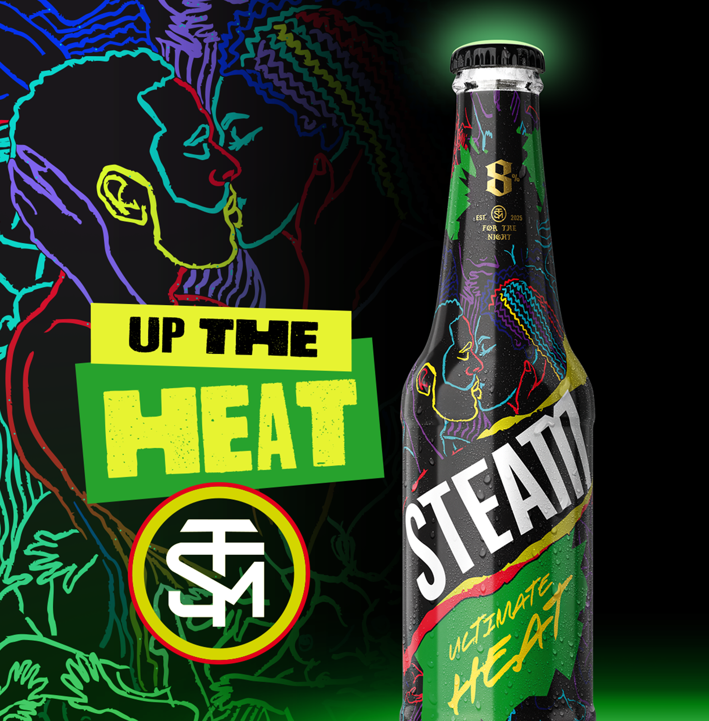A colorful bottle labeled 'STEAM' with neon illustrations of a man and woman kissing, droplets on the bottle, a black background, and neon-themed artwork that includes the phrase 'Up the Heat' and a circular symbol with initials.