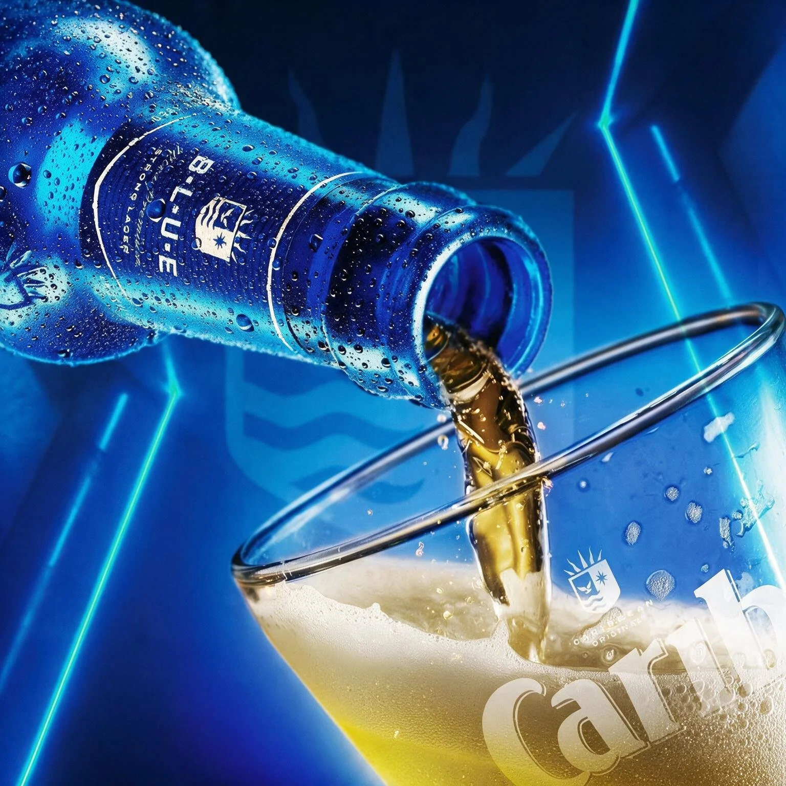 A Carib Blue bottle with water droplets on its surface, pouring a beer into a glass below, with blue neon lines and light effects in the background.
