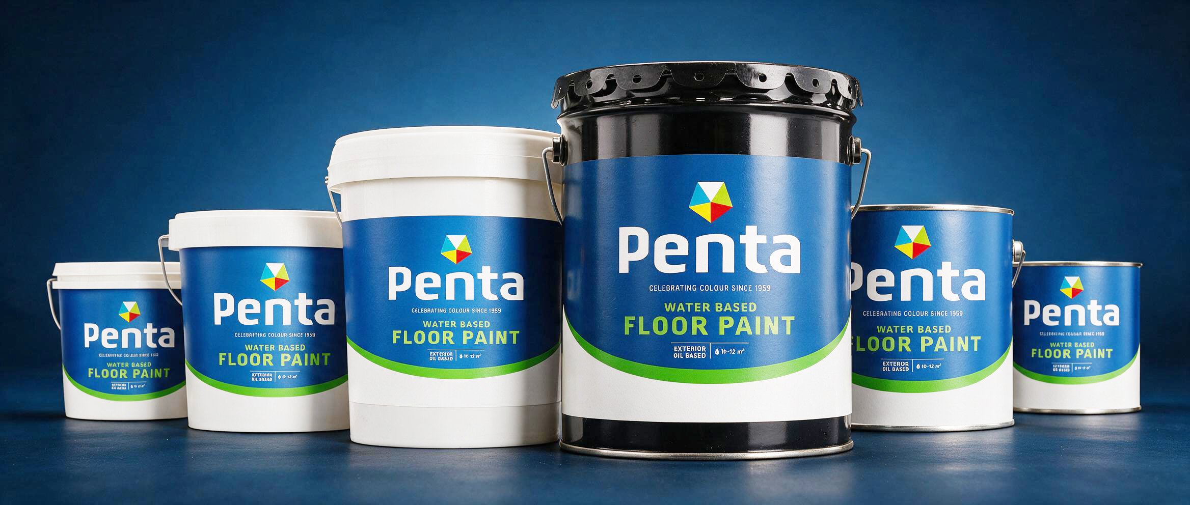 Six containers of Penta brand water-based floor paint, with the largest black container in the center, surrounded by smaller white and metal cans, all with blue labels and colorful logo, set against a blue background.