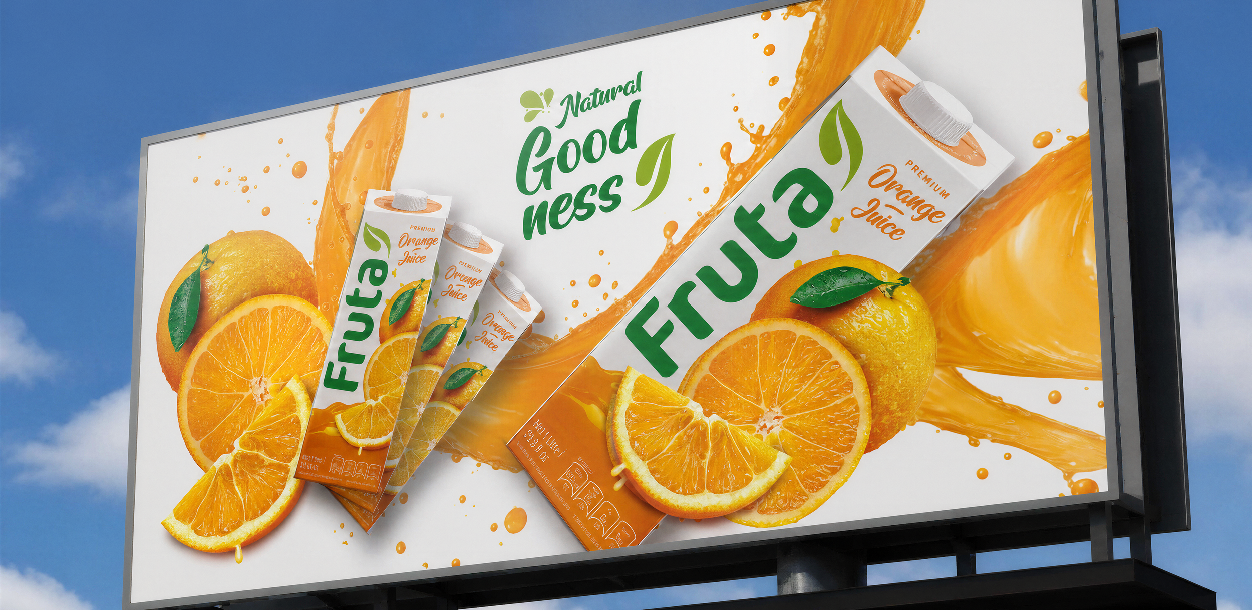 Billboard advertisement for 'Fruta' orange juice featuring images of fresh oranges and orange juice splashes, with green and orange text.