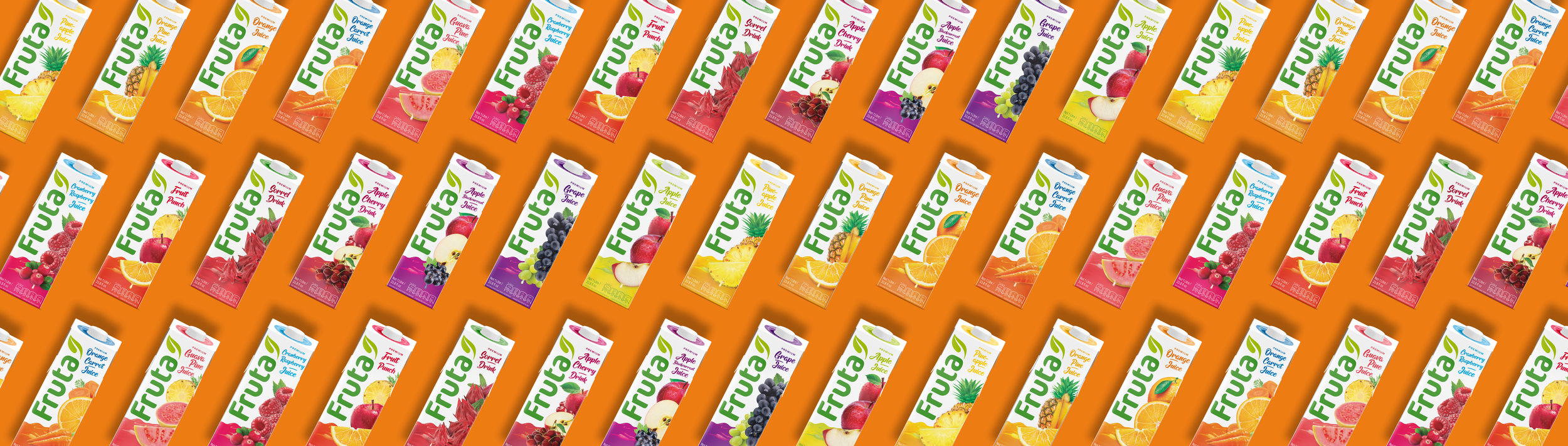 Pattern of various Fruta juice boxes and tetra packs on an orange background.