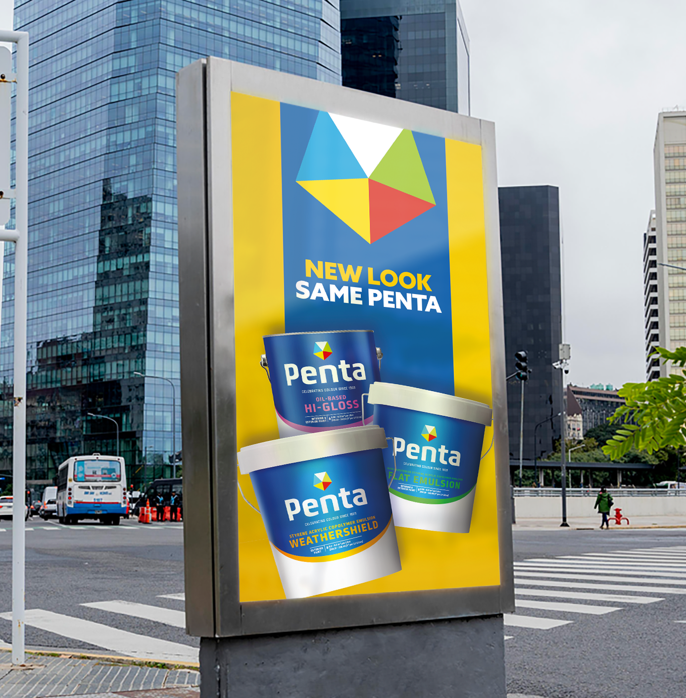 Billboard advertisement for Penta Paints with the slogan "New Look Same Penta," featuring three paint buckets in blue, white, and green with the Penta logo.