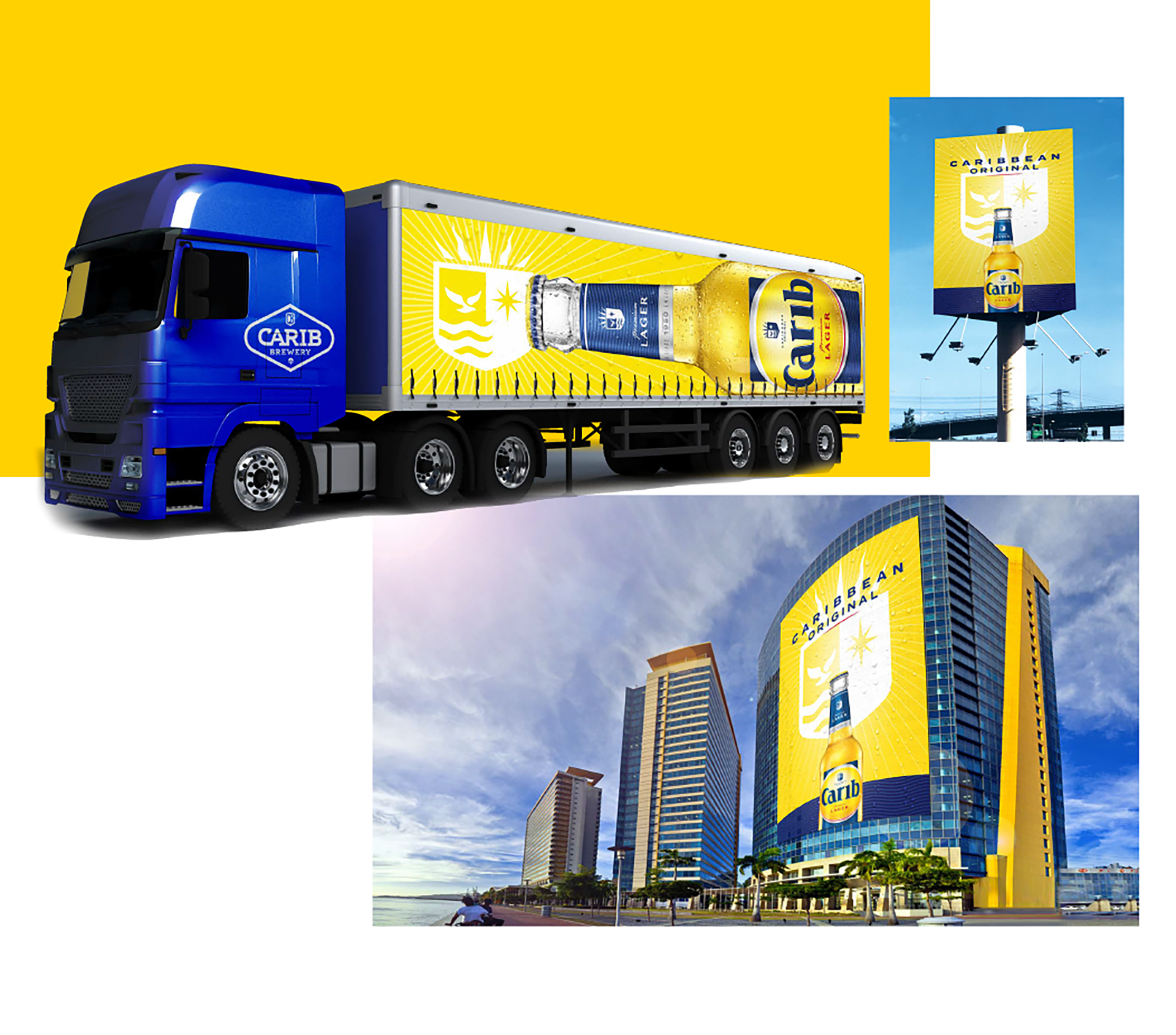 A cityscape featuring tall buildings, a waterfront, a billboard, and a large yellow advertisement for Carib beer with a blue sky in the background.
