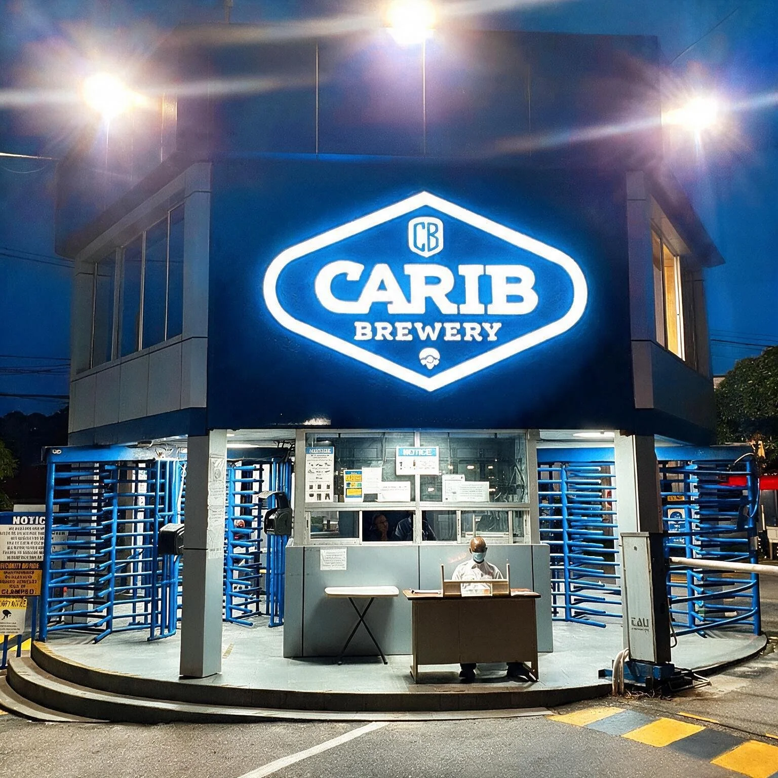 Night view of Carib Brewery entrance with bright neon sign, security checkpoint with guard wearing mask, and blue turnstiles.