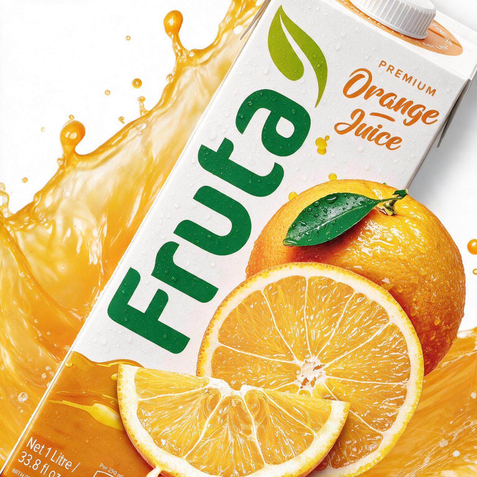 A carton of Fruta organic orange juice with sliced oranges and an orange with a green leaf on top, with splashes of orange juice.