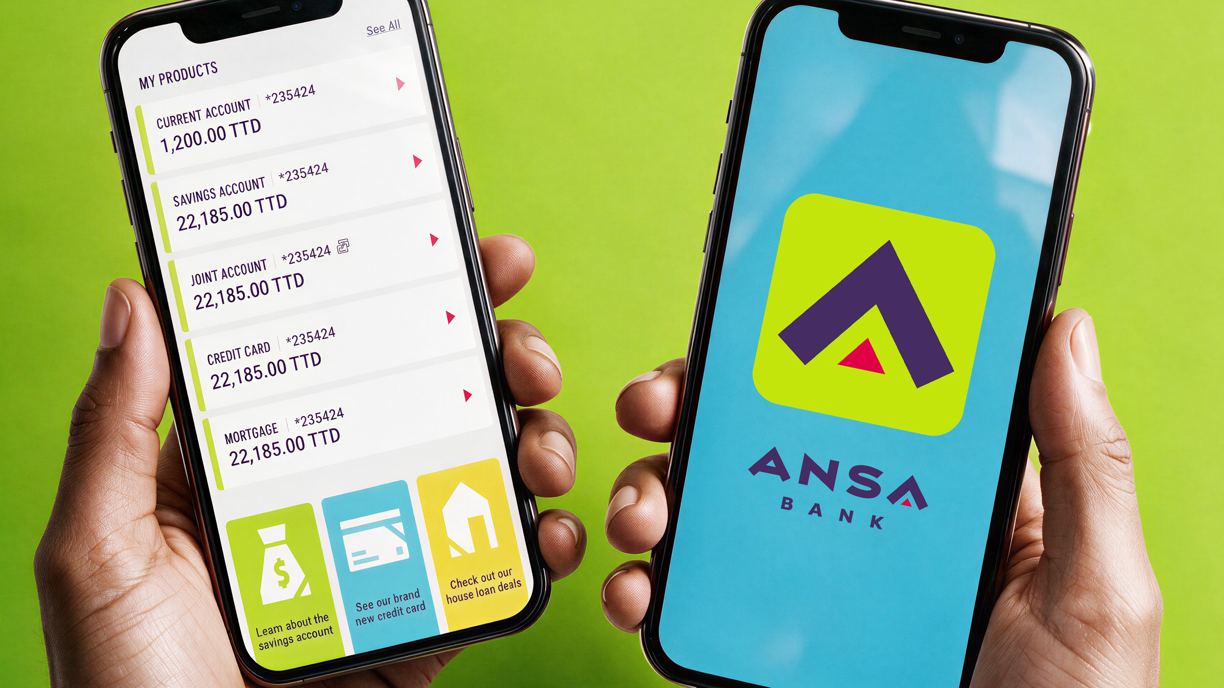Two hands holding smartphones displaying banking apps against a green background. One phone shows account balances and financial options, while the other displays the ANSA Bank logo.
